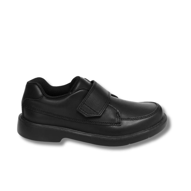 Lateral side of Stride Rite Kids' Laurence Loafer in Black Leather with a velcro strap