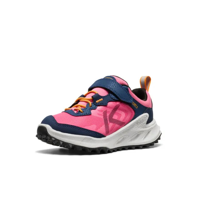 Front view of KEEN Little Kids' Zionic Waterproof Shoe in Navy blue and Pink.