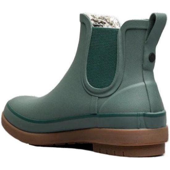 Heel angled view of Women&#39;s Bogs Rain Boot Amanda Chelsea II in Spruce green with tan sole