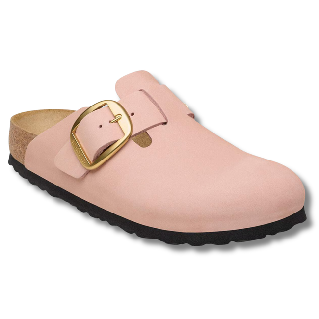 Angled side of Birkenstock Women's Boston Big Buckle Clog in Soft Pink