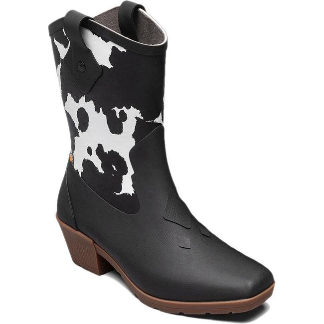 Front angled view of Women's Bogs Rain Boot Jolene Mid Deco in black and white cow print