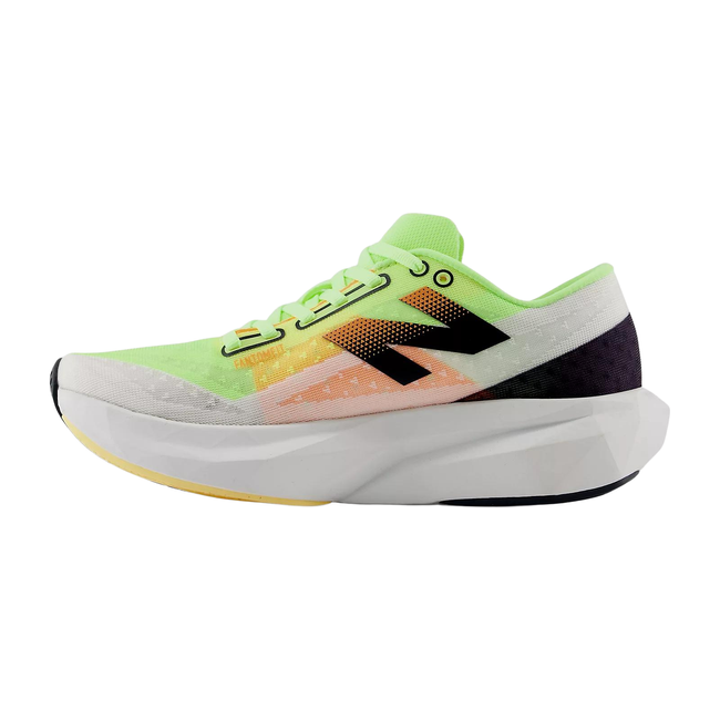 New Balance Women's FuelCell Rebel V4 Running Shoe WHITE/BLEACHED LIME GLO/HOT MANGO WFCXLA4