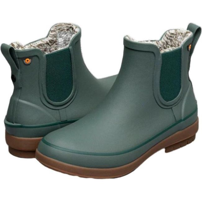 Pair of Women&#39;s Bogs Rain Boots Amanda Chelsea II in Spruce green with tan sole and warm insulation