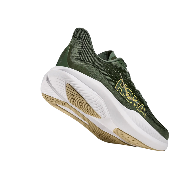 Angled Heel of Hoka Men's Mach 6 Running Shoe in Succulent Fern 