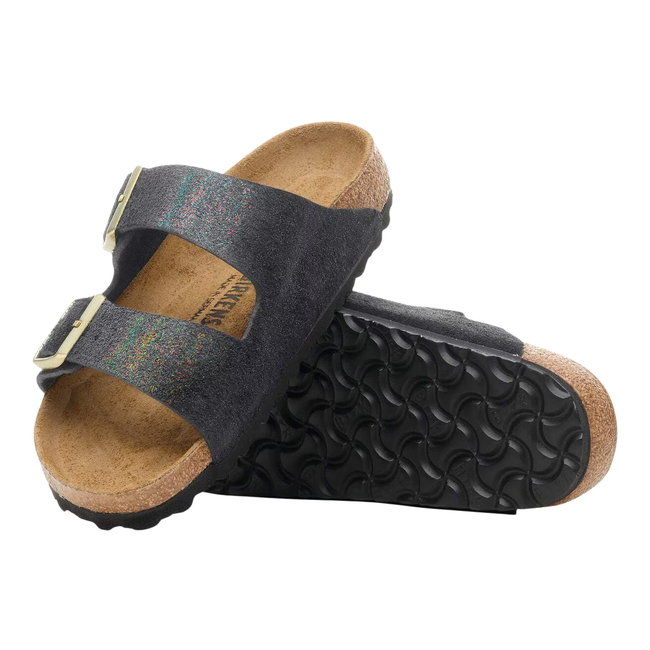 Top and Sole Birkenstock Women's Arizona Suede Sandal in Shimmering Black