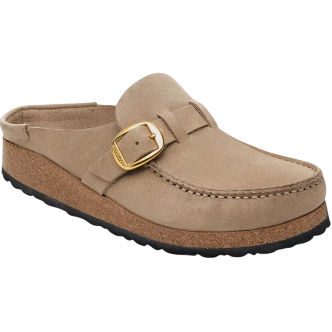 Angled Side of Birkenstock Women's Buckley Oiled Leather Clog in Tobacco Brown