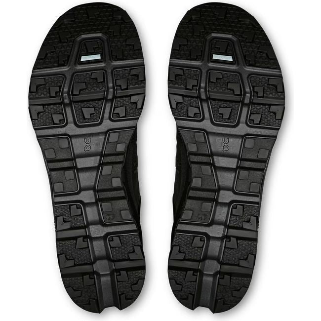 Soles of Men's On Running Cloudvista 2 Trail Running Shoes in all Black