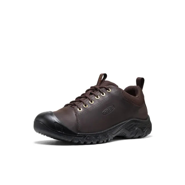 Front angled view of Men's KEEN Targhee IV Oxford Shoe in Dark Brown Java Black