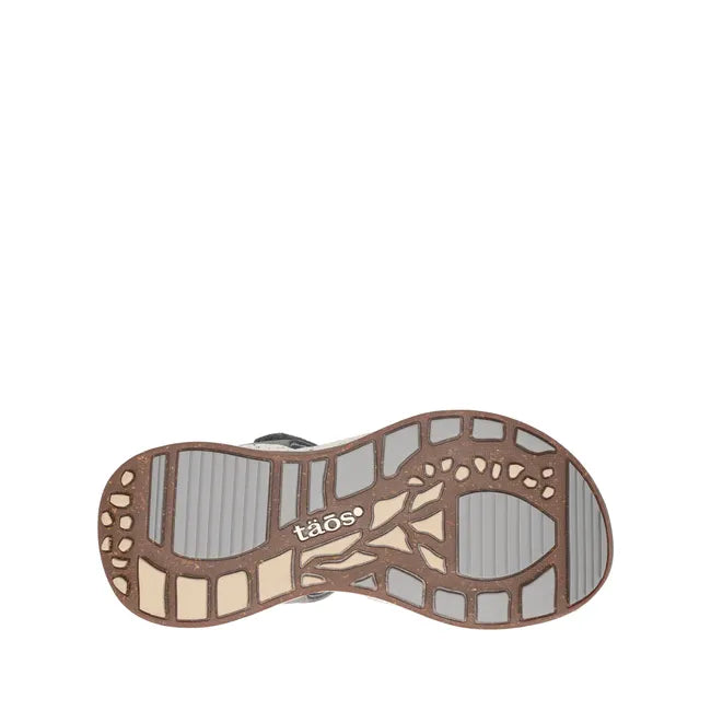 Tan sole of Women's Taos Super Z Sport Sandal in Blue Multi and Grey upper