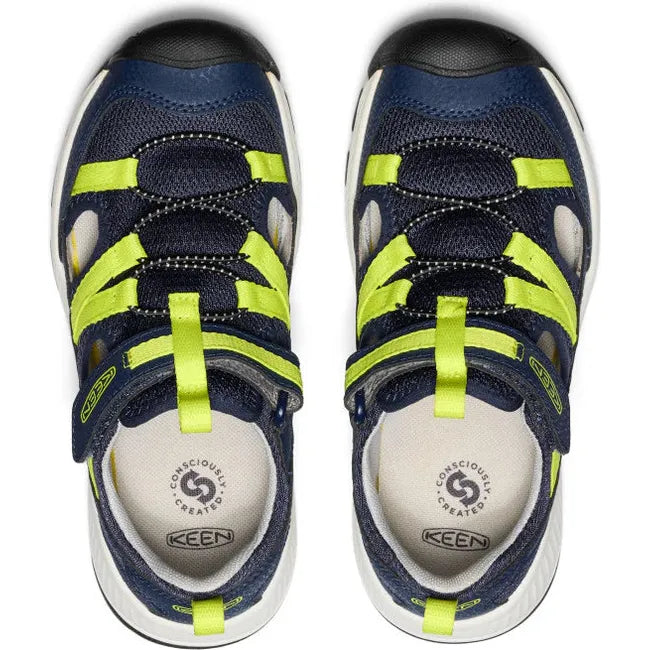Upper of KEEN Big Kids' Motozoa Closed Toe Sandal in Naval Academy blue Evening Primrose yellow