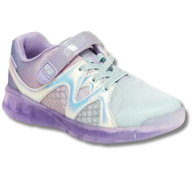 Angled side of Stride Rite Toddler Lighted Mermaid Sneaker in Purple Multi