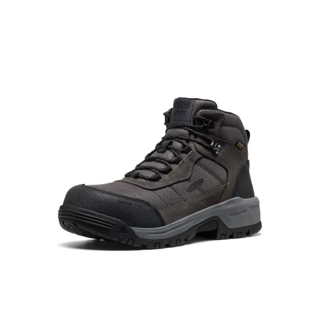 Front angled view of Keen Men's Skokie Waterproof Carbon Toe Work Boot in Magnet Black