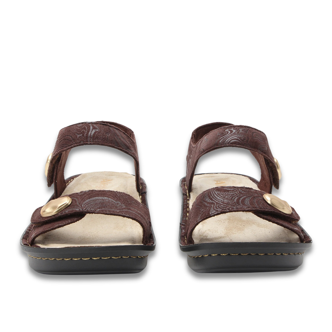 Front of Alegria Women's Vienna Sandals in Swirling Brown