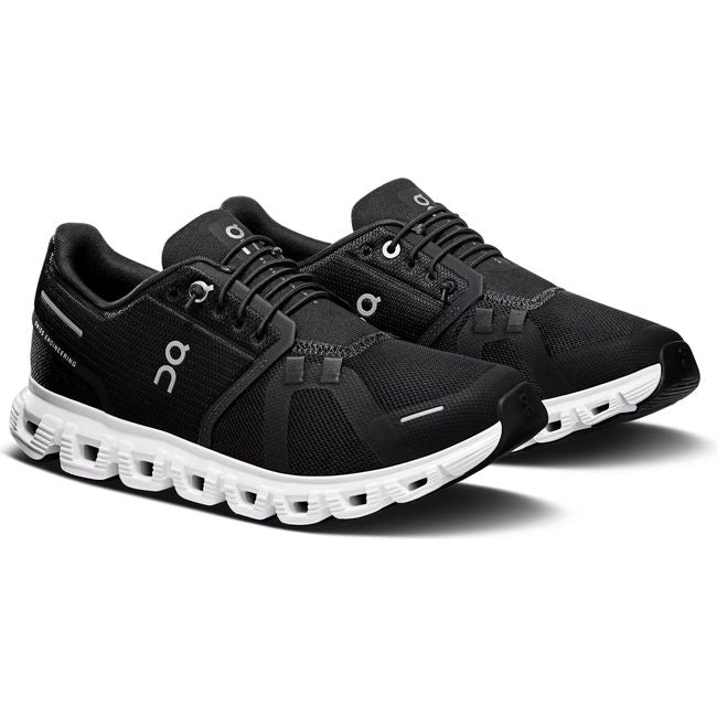 Pair of On Running Women's Cloud 6 Running Shoes in black and white