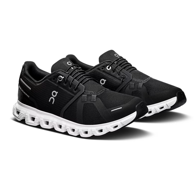 Angled pair of On Running Women's Cloud 6 Running Shoe in Black and White