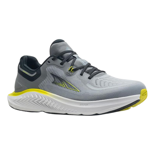Front angled view of Mens Altra Paradigm 7 Running Shoe in gray lime with a white sole