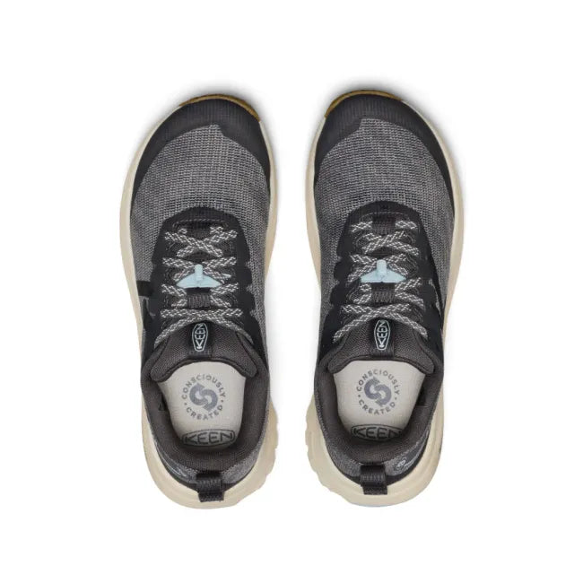 Lace up upper of KEEN Women&#39;s Roam Trail Running Shoes in magnet grey and blue