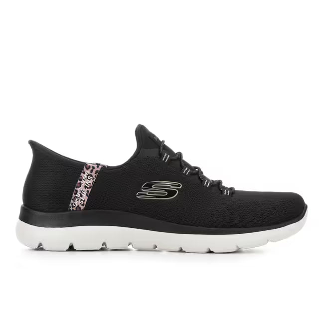 Lateral side of Skechers Women's Slip-Ins Summits Leopard Print Sneaker in Black