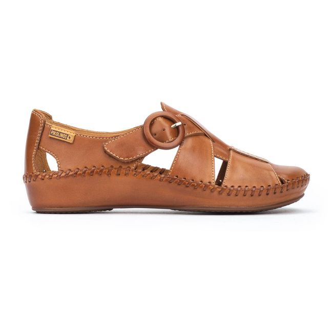 Lateral side of Women's Pikolinos Vallarta Fisherman Sandal in Brandy brown leather