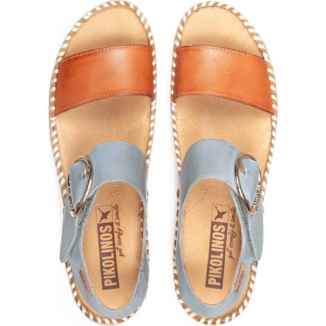 Top town view of Women's Pikolinos Marina Wedge Sandals with blue and orange leather straps