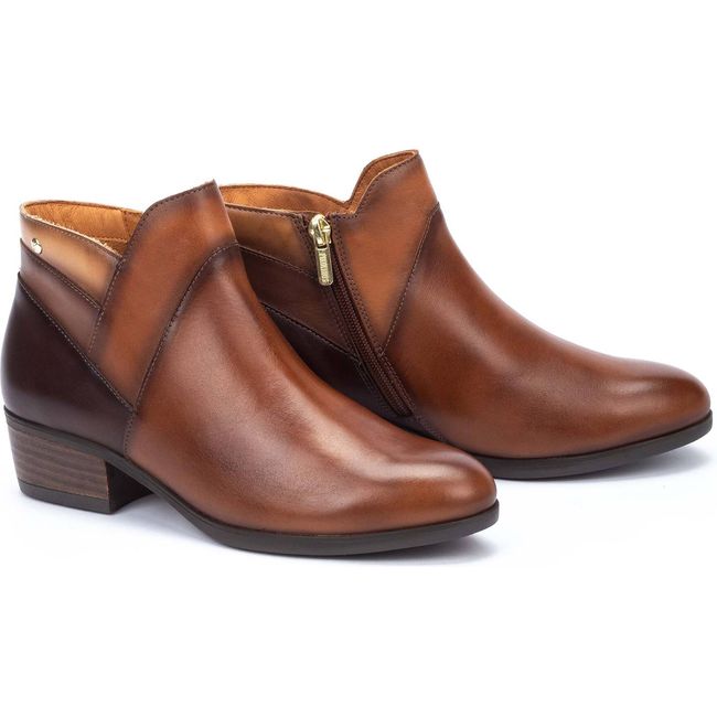 Pair of Women's Pikolinos Daroca Ankle Boot in brown leather showing side zipper