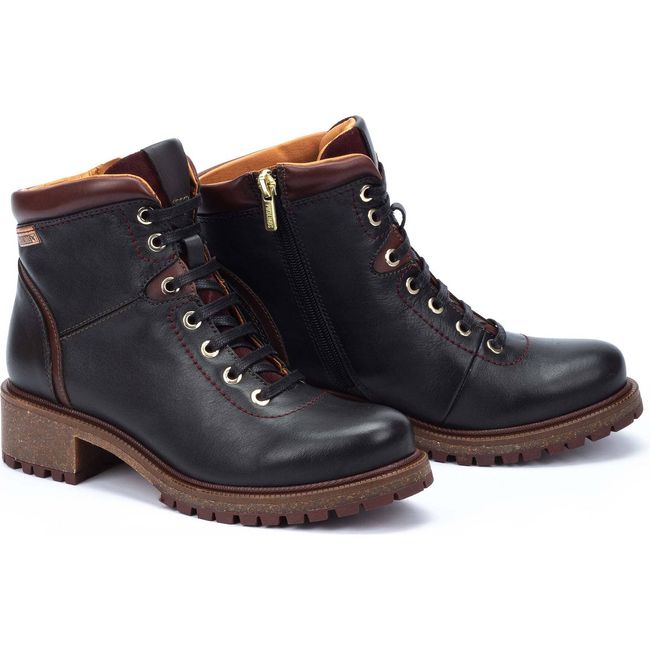 Pair of Women's Pikolinos Aspe Lace up Ankle Boot in black leather with block heel and side zipper