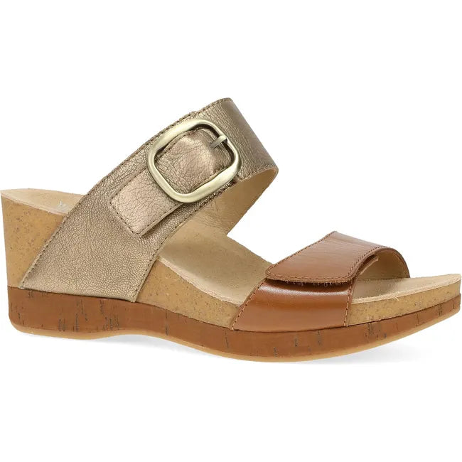 Front angled view of Women's Dansko Shannon Wedge Sandal in tan and gold with velcro straps