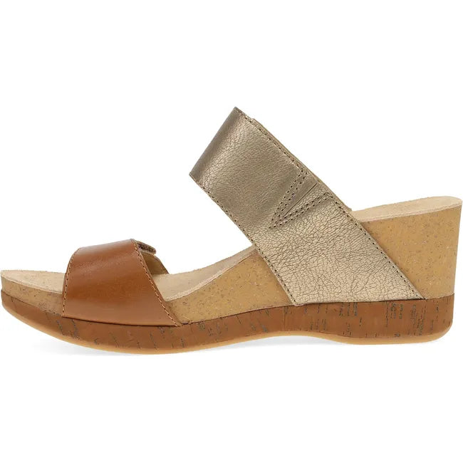 Medial side of Women's Dansko Shannon Wedge Sandal in tan and gold with velcro straps