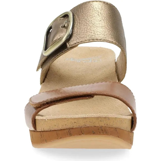 Front of Women's Dansko Shannon Wedge Sandal in tan and gold with velcro straps