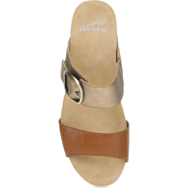Top down view of Women's Dansko Shannon Wedge Sandal in tan and gold with velcro straps