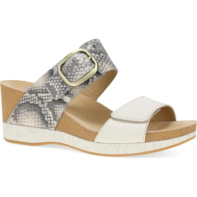 Front angled view of Women's Dansko Shannon Wedge Sandal in gray snakeskin with velcro straps