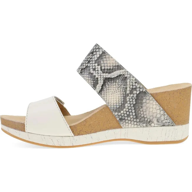 Medial side of Women's Dansko Shannon Wedge Sandal in gray snakeskin with velcro straps