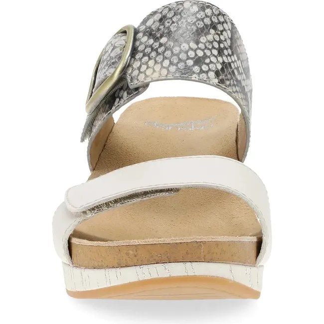 Front of Women's Dansko Shannon Wedge Sandal in gray snakeskin with velcro straps