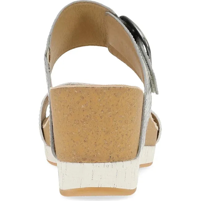 Heel of Women's Dansko Shannon Wedge Sandal in gray snakeskin with velcro straps