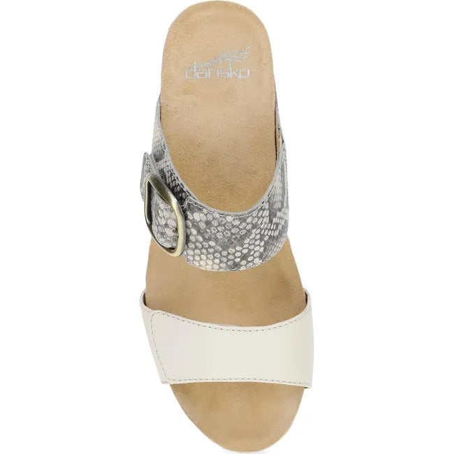 Top down view of Women's Dansko Shannon Wedge Sandal in gray snakeskin with velcro straps