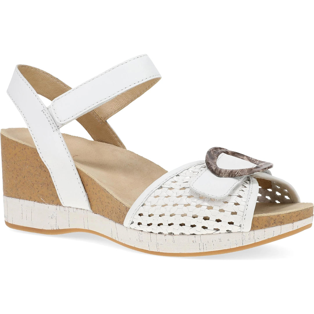 Front angled view of Women's Dansko Stella Wedge Sandal in White Woven