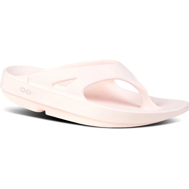 Front angled view of Unisex OOfos OOriginal Sandal in Blush Pink