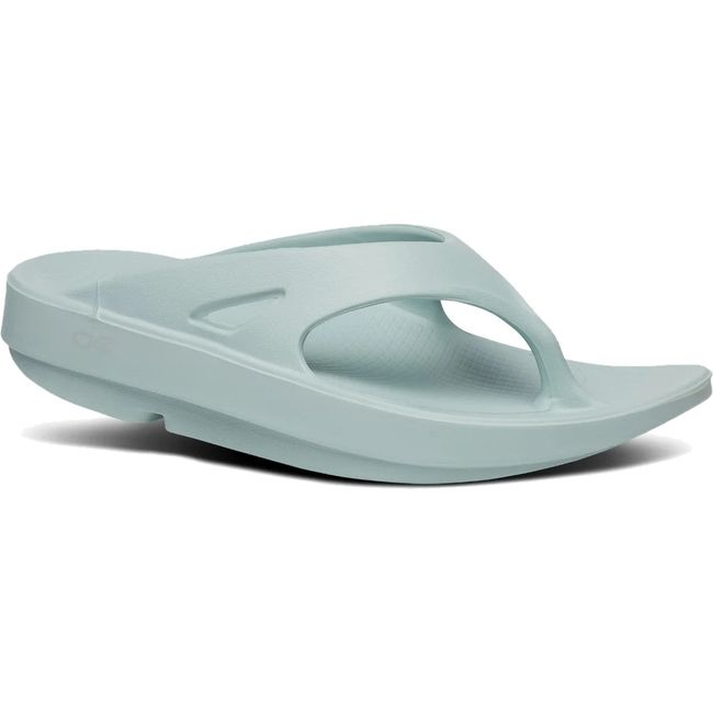 Front angled view of Unisex OOfos OOriginal Sandal in Mist Blue