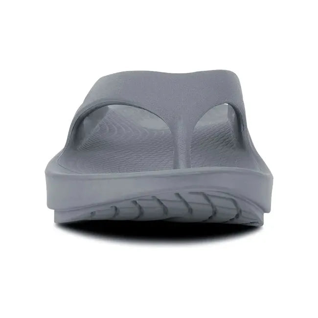Front of Unisex OOfos OOriginal Sandal in Slate Grey with toe post