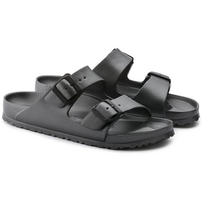 A pair of Birkenstock Arizona EVA Metallic Anthracite Two Strap Sandal