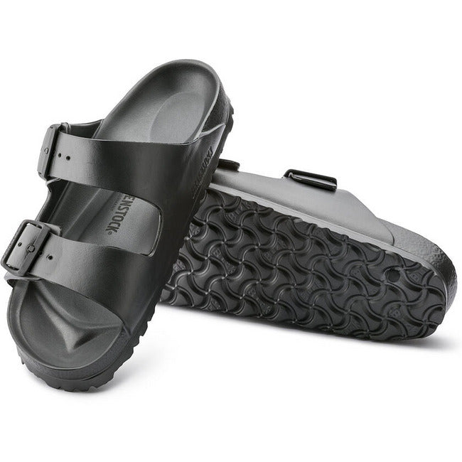 Birkenstock Arizona EVA Anthracite Two Strap Sandals. One shows the sole and the other the upper