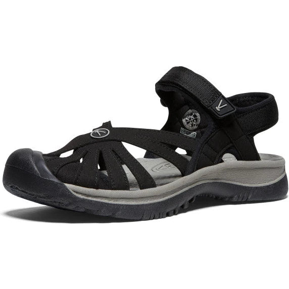 Front angled view of Keen Women's Rose Sandal in Black/Neutral Gray