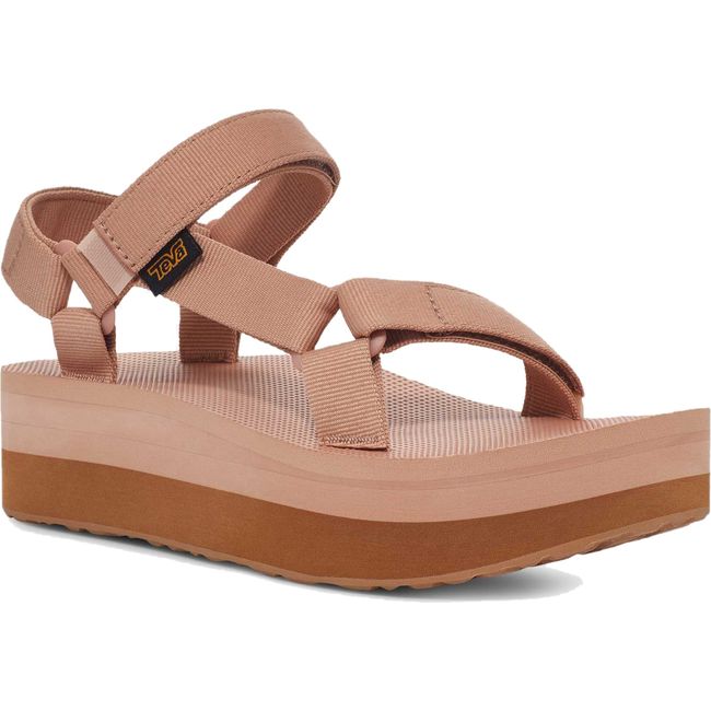 Front of Women's Teva Flatform Universal Sandal in Maple Sugar Lion Tan with velcro straps