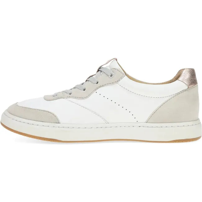Dansko Josey sneaker in white and rose gold nappa leather, side profile