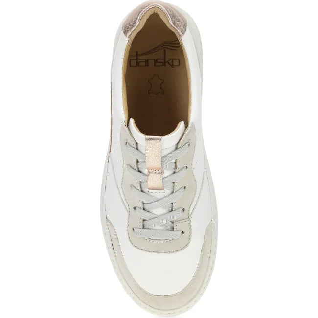 Dansko Josey sneaker in white and rose gold nappa leather, top view showing lace-up closure