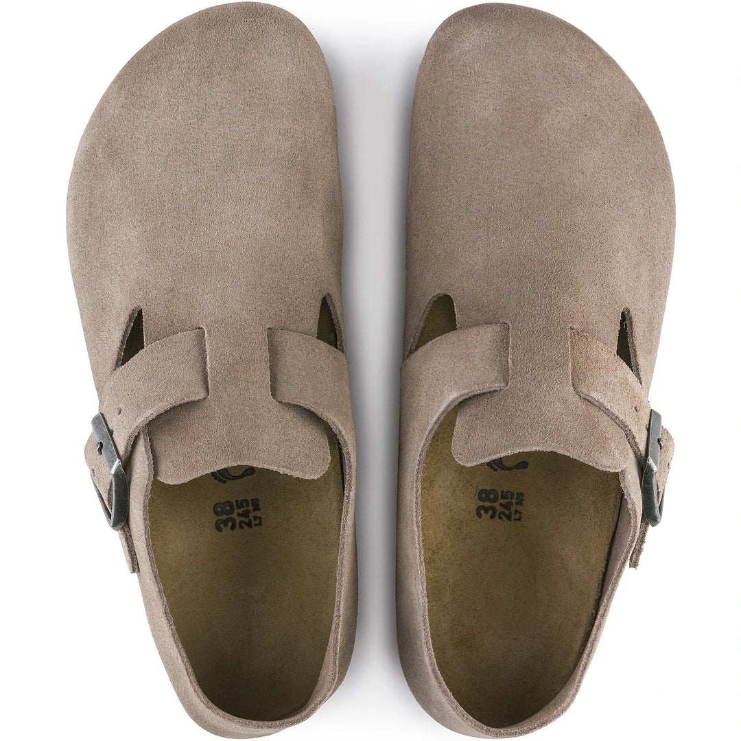 Top of Birkenstock Unisex London Suede Shoe in Taupe