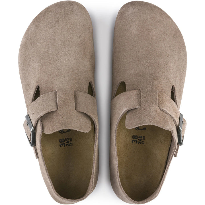Top of Birkenstock Unisex London Suede Shoe in Taupe