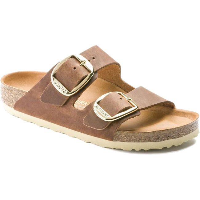 Front angled view of Birkenstock Women's Arizona Big Buckle Oiled Leather Sandal in cognac