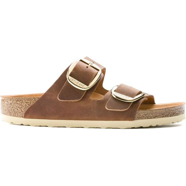 Lateral side of Birkenstock Women's Arizona Big Buckle Oiled Leather Sandal in cognac
