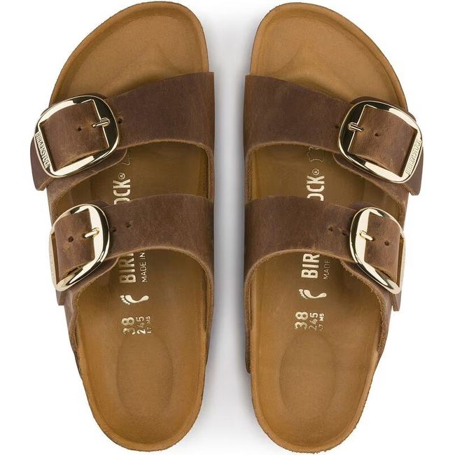 Top down view of Birkenstock Women's Arizona Big Buckle Oiled Leather Sandals in cognac